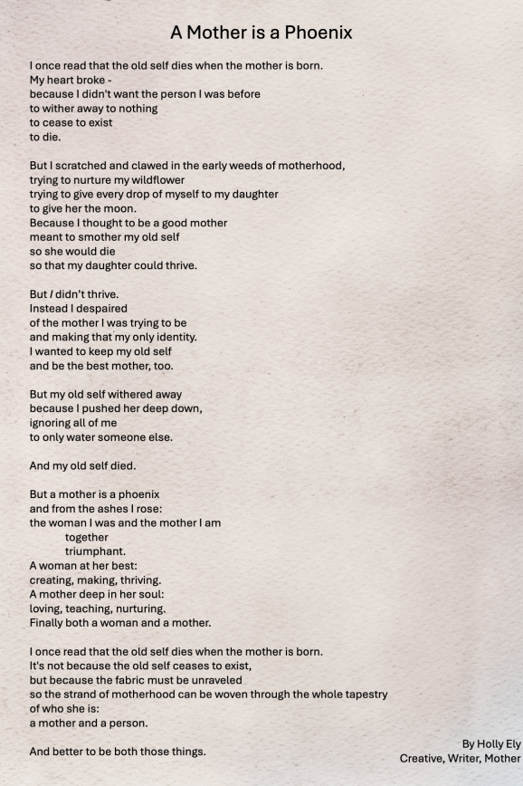 A mother is a phoenix poem displayed over a tan watercolor background.